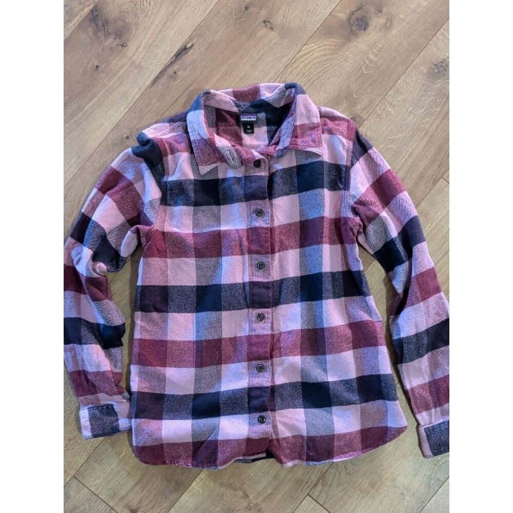 Patagonia Youth Flannel Pink, Black & Maroon Plaid Kids Button-Down Shirt, Youth